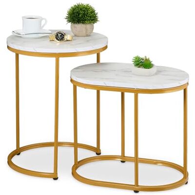 Relaxdays Satztisch, 2er Set, Beistelltisch rund & oval, Marmoroptik, Metallbeine, Wohnzimmer, Couchtisch, weiß/Gold Relaxdays Satztisch, 2er Set, Beistelltisch rund & oval, Marmoroptik, Metallbeine, Wohnzimmer, Couchtisch, weiß/Gold