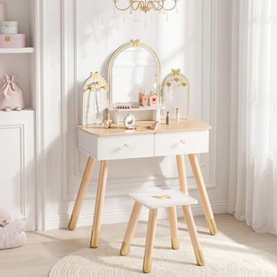 ROBUD Kinder Schminktisch mit Hocker: Mädchen kinderschminktisch mit Spiegel, Rollenspiel Schminktisch für Kinder, Frisiertisch mit Schublade und Zubehör für Kinderschminke, ab 3 Jahren (Weiß-golden) ROBUD Kinder Schminktisch mit Hocker: Mädchen kinderschminktisch mit Spiegel, Rollenspiel Schminktisch für Kinder, Frisiertisch mit Schublade und Zubehör für Kinderschminke, ab 3 Jahren (Weiß-golden)