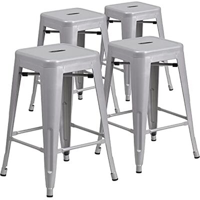 Flash Furniture 4 Stück in der Packung 60,96 cm hoher rückenfreier silberner Theke-Hocker mit quadratischem Sitz aus Metall für innen und außen Flash Furniture 4 Stück in der Packung 60,96 cm hoher rückenfreier silberner Theke-Hocker mit quadratischem Sitz aus Metall für innen und außen