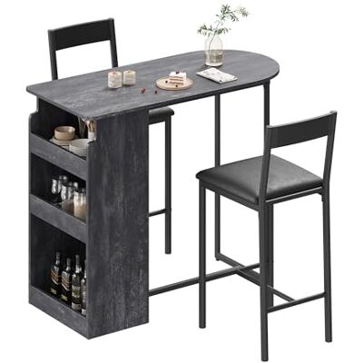 GarveeHome Bar Tisch Set, Barset mit 2 Barhockern, mit Ablagefächern, Stabiler Metallrahmen & Holzoptik, für Küche & Wohnzimmer, Tisch 110×50×91 cm, Dunkelgrau-Holzoptik GarveeHome Bar Tisch Set, Barset mit 2 Barhockern, mit Ablagefächern, Stabiler Metallrahmen & Holzoptik, für Küche & Wohnzimmer, Tisch 110×50×91 cm, Dunkelgrau-Holzoptik