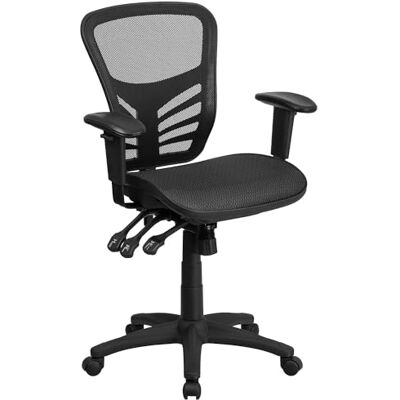 Flash Furniture Chefsessel mit verstellbaren Armlehnen, vielseitig, drehbar, mittelhohe Rückenlehne, transparente, schwarzes Mesh, Metall, 58,4 x 72,4 x 111,3 cm Flash Furniture Chefsessel mit verstellbaren Armlehnen, vielseitig, drehbar, mittelhohe Rückenlehne, transparente, schwarzes Mesh, Metall, 58,4 x 72,4 x 111,3 cm