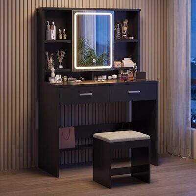 JUMMICO Schminktisch-Set in Schwarz mit LED-Spiegel & dimmbarer Beleuchtung, Frisiertisch mit 2 Schubladen, verstellbaren Regalen und Schmuckablage, inklusive Hocker, moderner Stil JUMMICO Schminktisch-Set in Schwarz mit LED-Spiegel & dimmbarer Beleuchtung, Frisiertisch mit 2 Schubladen, verstellbaren Regalen und Schmuckablage, inklusive Hocker, moderner Stil