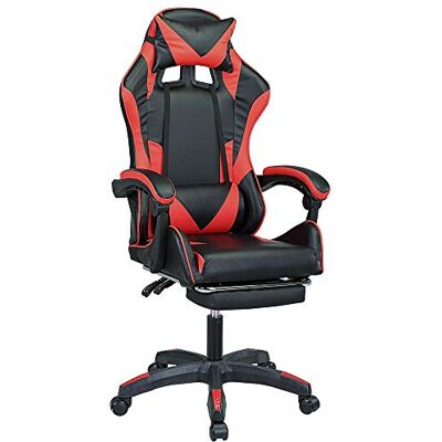 BAKAJI Gaming-Sessel, Schreibtisch, Büro, zu Hause, aus Kunstleder, Rückenlehne, Lendenkissen, Kopfstütze, 360 Grad drehbar, Höhe verstellbar, Basis 5 Rollen (rot mit Fußstütze) BAKAJI Gaming-Sessel, Schreibtisch, Büro, zu Hause, aus Kunstleder, Rückenlehne, Lendenkissen, Kopfstütze, 360 Grad drehbar, Höhe verstellbar, Basis 5 Rollen (rot mit Fußstütze)