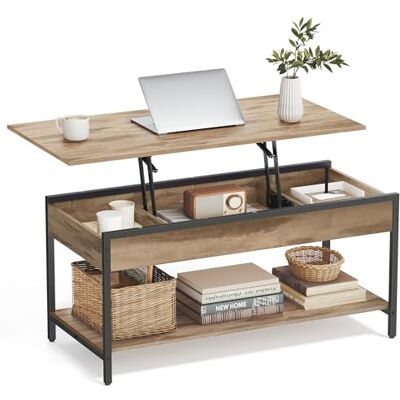 VASAGLE Couchtisch, höhenverstellbarer Wohnzimmertisch, Kaffeetisch, mit offenem Fach und versteckten Fächern, 50 x 100 cm, Kamelbraun-tintenschwarz LCT261LB02 VASAGLE Couchtisch, höhenverstellbarer Wohnzimmertisch, Kaffeetisch, mit offenem Fach und versteckten Fächern, 50 x 100 cm, Kamelbraun-tintenschwarz LCT261LB02