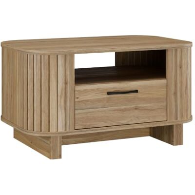 Forte FORMSWIFT Couchtisch 100, Skandi-Stil Couchtisch mit Schublade, offenes Fach, Lamellendetails, runde Kanten, Holzwerkstoff, Mauvella Eiche Holzdekor, 100,4 cm breit x 56,1 cm hoch x 63 cm tief Forte FORMSWIFT Couchtisch 100, Skandi-Stil Couchtisch mit Schublade, offenes Fach, Lamellendetails, runde Kanten, Holzwerkstoff, Mauvella Eiche Holzdekor, 100,4 cm breit x 56,1 cm hoch x 63 cm tief
