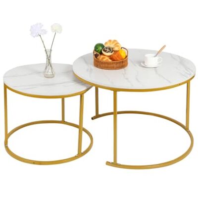 LANTUS Couchtisch 2er Set, Moderne Couch Tisch, Couchtische Rund, Living Room Table, Kaffeetisch, Wohnzimmertisch Holz, B (60 x 60 x 45 cm & 40 x 40 x 38 cm) Weiß + Goldfarbenes Bein LANTUS Couchtisch 2er Set, Moderne Couch Tisch, Couchtische Rund, Living Room Table, Kaffeetisch, Wohnzimmertisch Holz, B (60 x 60 x 45 cm & 40 x 40 x 38 cm) Weiß + Goldfarbenes Bein