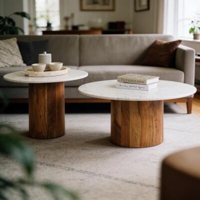IDIMEX Couchtischset GANGA/YAMUNA mit Tischplatte aus Marmor, Weiß/Natur Runder Beistelltisch im 2er Set, rundes Holzgestell aus Akazie, Wohnzimmertisch, Coffe Table IDIMEX Couchtischset GANGA/YAMUNA mit Tischplatte aus Marmor, Weiß/Natur Runder Beistelltisch im 2er Set, rundes Holzgestell aus Akazie, Wohnzimmertisch, Coffe Table