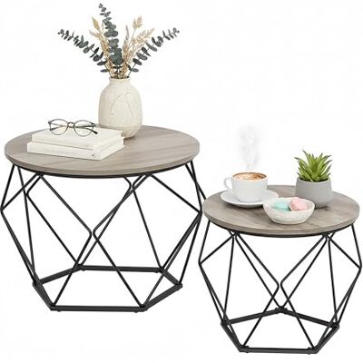 Relaxdays Couchtisch, 2er Set, Holzoptik & Metall, Vintage-Design, runde Beistelltische, Wohnzimmer, grau/schwarz Relaxdays Couchtisch, 2er Set, Holzoptik & Metall, Vintage-Design, runde Beistelltische, Wohnzimmer, grau/schwarz