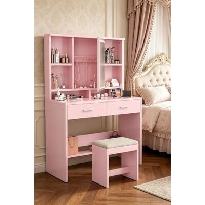 JUMMICO Schminktisch mit LED Beleuchtung Spiegel, Verstellbar Helligkeitsgeregeltem, Frisiertisch mit 2 Schubladen, Verstellbaren Regalen, Schmuckablage, Modernem Stil (Rosa Schminktisch+Hocker) JUMMICO Schminktisch mit LED Beleuchtung Spiegel, Verstellbar Helligkeitsgeregeltem, Frisiertisch mit 2 Schubladen, Verstellbaren Regalen, Schmuckablage, Modernem Stil (Rosa Schminktisch+Hocker)