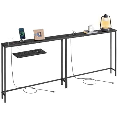 VASAGLE Konsolentisch mit Ladestation, schmaler Sofatisch, Flurtisch, 2 Tischplatten, einfache Montage, für Flur, Wohnzimmer, 100 x 15 x 80 cm, Schwarze Holzoptik-Mattschwarz LNT078BE03 VASAGLE Konsolentisch mit Ladestation, schmaler Sofatisch, Flurtisch, 2 Tischplatten, einfache Montage, für Flur, Wohnzimmer, 100 x 15 x 80 cm, Schwarze Holzoptik-Mattschwarz LNT078BE03