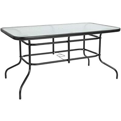 Flash Furniture Tory 80 x 139,7 cm rechteckiger Tisch aus gehärtetem Glas mit Schirmloch, transparente Oberseite/schwarzer Rahmen Flash Furniture Tory 80 x 139,7 cm rechteckiger Tisch aus gehärtetem Glas mit Schirmloch, transparente Oberseite/schwarzer Rahmen