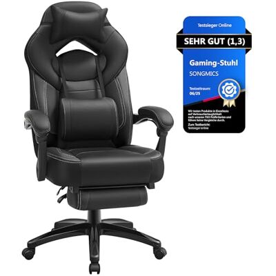 SONGMICS Gaming-Stuhl, Bürostuhl, Computerstuhl, ergonomisches Design, mit Fußstütze, verstellbares Kopfkissen, Lendenkissen, Tragkraft 150 kg, schwarz OBG077B01 SONGMICS Gaming-Stuhl, Bürostuhl, Computerstuhl, ergonomisches Design, mit Fußstütze, verstellbares Kopfkissen, Lendenkissen, Tragkraft 150 kg, schwarz OBG077B01