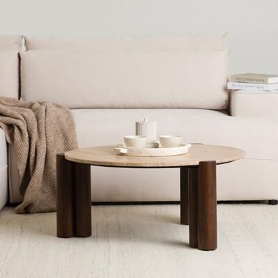 IDIMEX TAPTI Couchtisch mit Tischplatte aus Travertin 80 cm, Braun/Beige Runder Wohnzimmertisch aus massivem Mangoholz, Coffee Table, Beistelltisch mit Marmor Optik, moderner Clubtisch IDIMEX TAPTI Couchtisch mit Tischplatte aus Travertin 80 cm, Braun/Beige Runder Wohnzimmertisch aus massivem Mangoholz, Coffee Table, Beistelltisch mit Marmor Optik, moderner Clubtisch