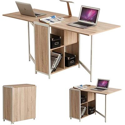BAKAJI Mehrzweck-Schreibtisch, klappbar, ausziehbar, mit Bücherregal, 4 Fächern und Ablagen aus Holz und Stahl, Farbe Beige BAKAJI Mehrzweck-Schreibtisch, klappbar, ausziehbar, mit Bücherregal, 4 Fächern und Ablagen aus Holz und Stahl, Farbe Beige