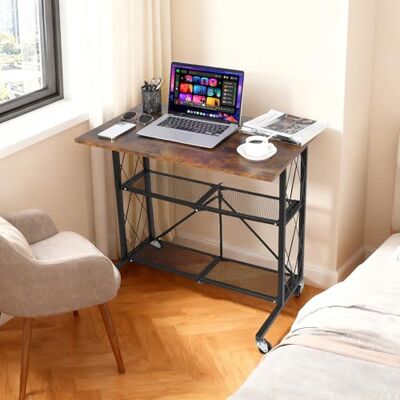 JustSmart Klappbarer Schreibtisch mit Rollen – 80 cm Computertisch, 3 Ebenen Arbeitsplatz (Holzplatte & Metallregale), ohne Aufbau, platzsparender Rollschreibtisch – Farbe: Braun JustSmart Klappbarer Schreibtisch mit Rollen – 80 cm Computertisch, 3 Ebenen Arbeitsplatz (Holzplatte & Metallregale), ohne Aufbau, platzsparender Rollschreibtisch – Farbe: Braun