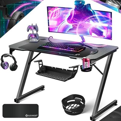 KESSER ® Gaming Tisch 120cm x 60cm Z-Form Gamer Schreibtisch Kopfhörerhaken & Kohlebeschichtung Ergonomischer PC Computertisch Stabiler Tisch mit Getränkehalter Schwarz KESSER ® Gaming Tisch 120cm x 60cm Z-Form Gamer Schreibtisch Kopfhörerhaken & Kohlebeschichtung Ergonomischer PC Computertisch Stabiler Tisch mit Getränkehalter Schwarz