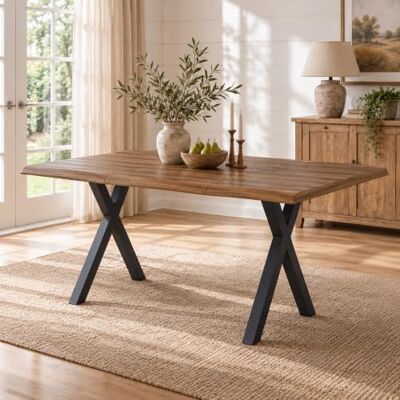 Merax Esstisch 160 x 78 cm, Walnussoptik, Wellenkante, X-Gestell aus Eisen 28 mm starke MDF-Tischplatte, Platz für 4–6 Personen und markante X-förmige Eisenbeine im minimalistischen Design. Merax Esstisch 160 x 78 cm, Walnussoptik, Wellenkante, X-Gestell aus Eisen 28 mm starke MDF-Tischplatte, Platz für 4–6 Personen und markante X-förmige Eisenbeine im minimalistischen Design.