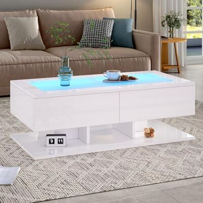 Merax Couchtisch Weiß, Wohnzimmertisch Hochglanz mit LED Beleuchtung, Modern Beistelltisch Kaffeetisch mit Transparente Glasplatte, Zwei große Schubladen, rechteckiger Mitteltisch, Sofatisch für Büro Merax Couchtisch Weiß, Wohnzimmertisch Hochglanz mit LED Beleuchtung, Modern Beistelltisch Kaffeetisch mit Transparente Glasplatte, Zwei große Schubladen, rechteckiger Mitteltisch, Sofatisch für Büro