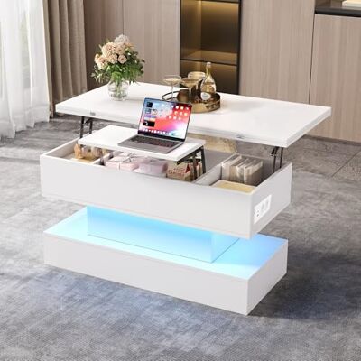 Merax Couchtisch mit Höhenverstellbare Platte, Modern Wohnzimmertisch mit LED Beleuchtung und Steckdose, Multifunktions-Sofatisch Kaffeetisch mit verstecktem Stauraum, Umwandelbar in Esstisch, Weiß Merax Couchtisch mit Höhenverstellbare Platte, Modern Wohnzimmertisch mit LED Beleuchtung und Steckdose, Multifunktions-Sofatisch Kaffeetisch mit verstecktem Stauraum, Umwandelbar in Esstisch, Weiß