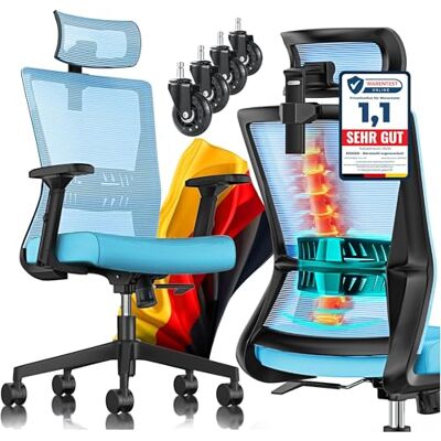 KESSER ® Bürostuhl Ergonomisch mit verstellbaren Armlehnen Drehstuhl mit Lendenwirbelstütze Rückenschonend Schreibtischstuhl mit Kopfstütze Office Chair Wippfunktion bis 125° mit 5X Gummirollen KESSER ® Bürostuhl Ergonomisch mit verstellbaren Armlehnen Drehstuhl mit Lendenwirbelstütze Rückenschonend Schreibtischstuhl mit Kopfstütze Office Chair Wippfunktion bis 125° mit 5X Gummirollen