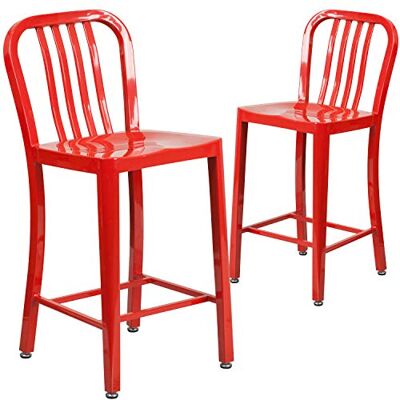 Flash Furniture Kommerzieller Hocker mit vertikaler Schiefer-Rückseite, für Innen und Außenbereich, aus Metall, 61 cm hoch, 2 Stück, rot Flash Furniture Kommerzieller Hocker mit vertikaler Schiefer-Rückseite, für Innen und Außenbereich, aus Metall, 61 cm hoch, 2 Stück, rot