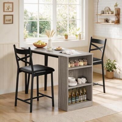 AsyPets 3-teiliges höhenverstellbares Bar-Tisch-Set für 2 Personen Bartisch-Set mit Klappverlängerung, Stauraumregalen & 2 gepolsterten Barhocker, platzsparend für Küche & Wohnzimmer AsyPets 3-teiliges höhenverstellbares Bar-Tisch-Set für 2 Personen Bartisch-Set mit Klappverlängerung, Stauraumregalen & 2 gepolsterten Barhocker, platzsparend für Küche & Wohnzimmer
