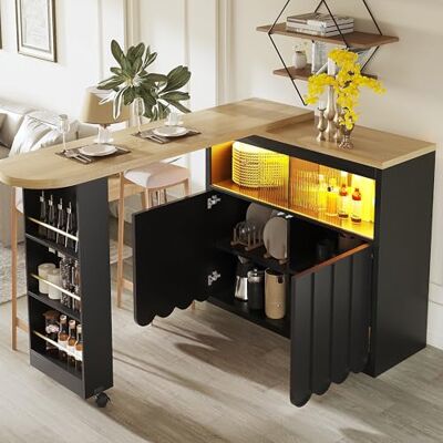 Merax Bartisch Ausziehbarer mit LED, Drehbar Esstisch mit Stauraum, elegant Stehtisch Bistrotisch mit Designtüren, Glastüren, offenen Ablagen, Kücheninsel für Wohnzimmer Esszimmer, 135-205cm, Schwarz Merax Bartisch Ausziehbarer mit LED, Drehbar Esstisch mit Stauraum, elegant Stehtisch Bistrotisch mit Designtüren, Glastüren, offenen Ablagen, Kücheninsel für Wohnzimmer Esszimmer, 135-205cm, Schwarz