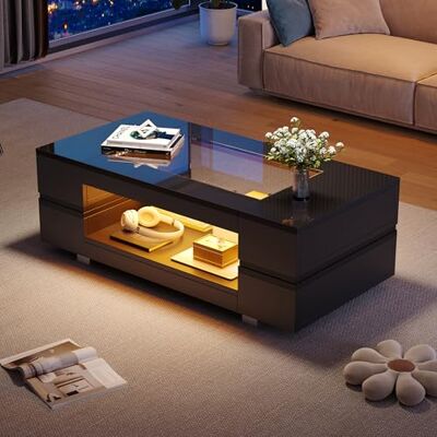 Merax Couchtisch Hochglanz mit LED Beleuchtung, Moderner Wohnzimmertisch mit Einer oberen Glasplatte, Kaffeetisch, Sofatisch Beistelltisch, Rechteckiger Mitteltisch für Büro, Wartebereich, Schwarz Merax Couchtisch Hochglanz mit LED Beleuchtung, Moderner Wohnzimmertisch mit Einer oberen Glasplatte, Kaffeetisch, Sofatisch Beistelltisch, Rechteckiger Mitteltisch für Büro, Wartebereich, Schwarz
