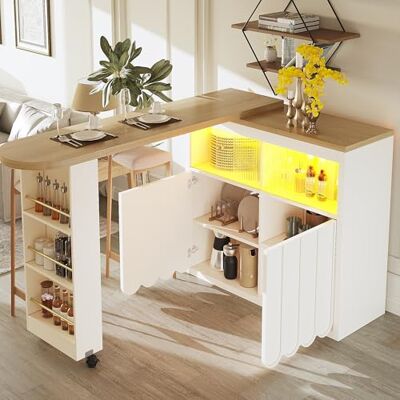 Merax Ausziehbarer Bartisch mit Rollen, Moderner Beweglicher Bartisch mit LED,135–205 cm Teleskopischer Stehtisch Bistrotisch, Weißer Bar Table mit Schiebetür & Regalen Merax Ausziehbarer Bartisch mit Rollen, Moderner Beweglicher Bartisch mit LED,135–205 cm Teleskopischer Stehtisch Bistrotisch, Weißer Bar Table mit Schiebetür & Regalen
