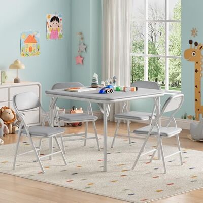 Thaookte Faltbares Kinder Tisch- und Stuhlset, quadratisch – 1 Tisch + 4 Klappstühle, PU-Leder Oberfläche, gepolsterte Sitzkissen, leicht für Essen/Basteln/Lernen – Grau, 1+4 Thaookte Faltbares Kinder Tisch- und Stuhlset, quadratisch – 1 Tisch + 4 Klappstühle, PU-Leder Oberfläche, gepolsterte Sitzkissen, leicht für Essen/Basteln/Lernen – Grau, 1+4