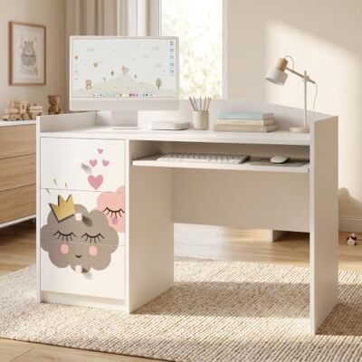 Happy Babies Weißer Schreibtisch für Kinder 125x60 cm, Lerntisch mit 4 Schubladen, Computertisch für Jungen und Mädchen mit tollem Motiv Happy Babies Weißer Schreibtisch für Kinder 125x60 cm, Lerntisch mit 4 Schubladen, Computertisch für Jungen und Mädchen mit tollem Motiv