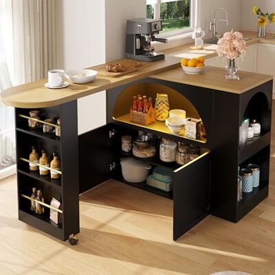 Merax Ausziehbarer Bartisch 135–205 cm,Beweglicher Bar Table mit LED & Rollen, Teleskopischer Hochtisch Kücheninsel schwarz, Bartheke mit Gewölbten Türen, Snack-Regal & Soft-Close Schrank Merax Ausziehbarer Bartisch 135–205 cm,Beweglicher Bar Table mit LED & Rollen, Teleskopischer Hochtisch Kücheninsel schwarz, Bartheke mit Gewölbten Türen, Snack-Regal & Soft-Close Schrank