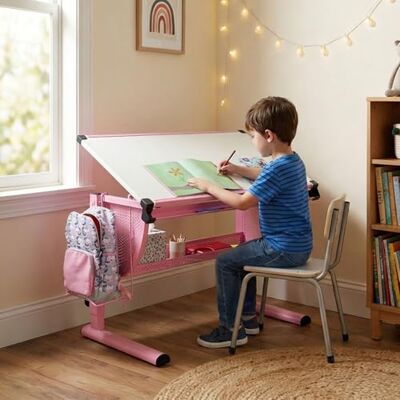CARO-Möbel Kinderschreibtisch Sari höhenverstellbar in weiß/rosa, Schreibtisch für Kinder neigbar mit Rille für Stifte, Schülerschreibtisch mit Ablage und Rucksackhalterung CARO-Möbel Kinderschreibtisch Sari höhenverstellbar in weiß/rosa, Schreibtisch für Kinder neigbar mit Rille für Stifte, Schülerschreibtisch mit Ablage und Rucksackhalterung