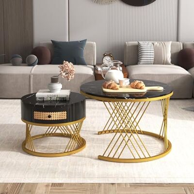 Merax 2 in 1 Runder Couchtisch Beistelltisch mit Tischplatte aus Marmor und Schubladen aus Kunststoff-Rattan couchtisch 2er Set rund Merax 2 in 1 Runder Couchtisch Beistelltisch mit Tischplatte aus Marmor und Schubladen aus Kunststoff-Rattan couchtisch 2er Set rund