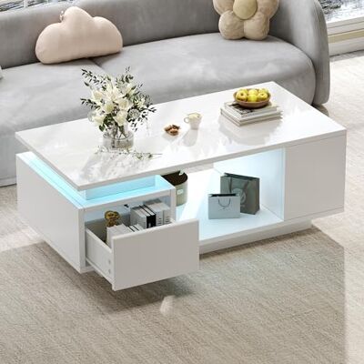 Merax Couchtisch in Hochglanz Weiß, Modern Wohnzimmertisch mit LED-Beistelltisch, Sofatisch Kaffeetisch mit Schubladen, seitlichen Ablagefächern, Rechteckiger Teetisch Mitteltisch für Büro, Empfang Merax Couchtisch in Hochglanz Weiß, Modern Wohnzimmertisch mit LED-Beistelltisch, Sofatisch Kaffeetisch mit Schubladen, seitlichen Ablagefächern, Rechteckiger Teetisch Mitteltisch für Büro, Empfang