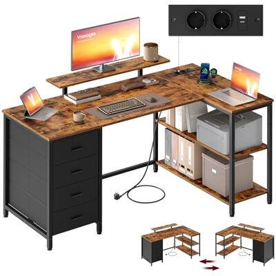 VASAGLE L-förmiger Eckschreibtisch mit Steckdosen, Computertisch, Gaming-Tisch, beidseitig montierbar, verstellbare Ablagen, 4 Schubladen, 2 USB-Anschlüsse, 140 x 80 cm, vintagebraun LWD172KD01 VASAGLE L-förmiger Eckschreibtisch mit Steckdosen, Computertisch, Gaming-Tisch, beidseitig montierbar, verstellbare Ablagen, 4 Schubladen, 2 USB-Anschlüsse, 140 x 80 cm, vintagebraun LWD172KD01