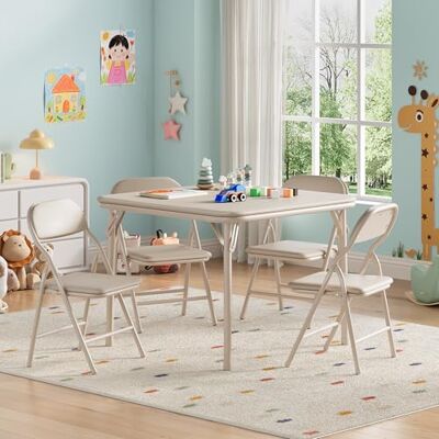 Furntrastar Faltbares Kinder Tisch und Stuhlset 1 Tisch + 4 Klappstühle PU-Leder Oberfläche Gepolsterte Sitzkissen Tisch 60 x 60 x 50 cm Stuhl 30 x 25 x 55 cm Furntrastar Faltbares Kinder Tisch und Stuhlset 1 Tisch + 4 Klappstühle PU-Leder Oberfläche Gepolsterte Sitzkissen Tisch 60 x 60 x 50 cm Stuhl 30 x 25 x 55 cm