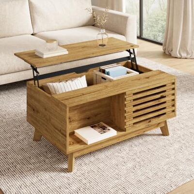 Merax Couchtisch 90x55x57,5 cm, Modern Retro mit höhenverstellbarer Tischplatte, verschiebbarer Jalousietür und MDF-Korpus – multifunktionaler Wohnzimmertisch, Holzoptik Merax Couchtisch 90x55x57,5 cm, Modern Retro mit höhenverstellbarer Tischplatte, verschiebbarer Jalousietür und MDF-Korpus – multifunktionaler Wohnzimmertisch, Holzoptik