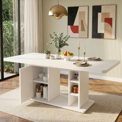 Merax Ausziehbarer Esstisch 140/180x80x75 cm, Tisch mit Stauraum & verdickter Tischplatte, skandinavischer Esstisch für 6–8 Personen, Weiß Merax Ausziehbarer Esstisch 140/180x80x75 cm, Tisch mit Stauraum & verdickter Tischplatte, skandinavischer Esstisch für 6–8 Personen, Weiß
