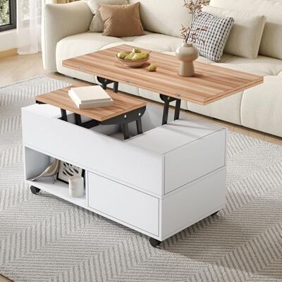 Merax Couchtisch mit Rollen, Höhenverstellbar & Anhebbar, 4 Schubladen Stauraum, Multifunktionaler Sofatisch, Beistelltisch & Esstisch, Weiß + Holzfarbe,100x50x52cm Merax Couchtisch mit Rollen, Höhenverstellbar & Anhebbar, 4 Schubladen Stauraum, Multifunktionaler Sofatisch, Beistelltisch & Esstisch, Weiß + Holzfarbe,100x50x52cm