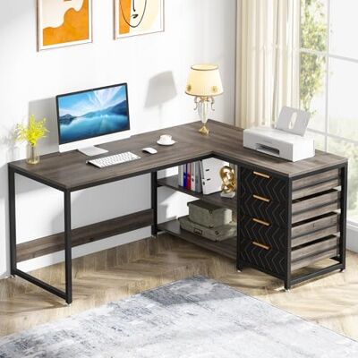 Tribesigns l Form Schreibtisch mit 4 Schubladen, L-förmiger lang Computertisch mit 2 Ablagen, Reversible Eckschreibtisch für Büro,Arbeitszimmer, Wohnzimmer,150×110×75cm (grau) Tribesigns l Form Schreibtisch mit 4 Schubladen, L-förmiger lang Computertisch mit 2 Ablagen, Reversible Eckschreibtisch für Büro,Arbeitszimmer, Wohnzimmer,150×110×75cm (grau)