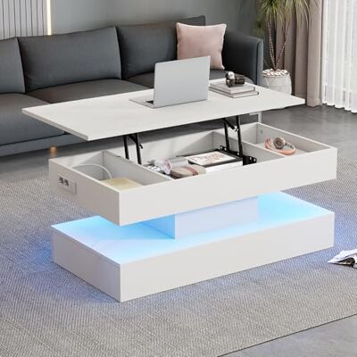 Merax Couchtisch mit Höhenverstellbarer Platte, Wohnzimmertisch Kaffeetisch Ausziehbarer, Versteckter Stauraum, Modern Sofatisch mit LED-Licht, rechteckiger Mitteltisch Beistelltisch für Home, Weiß Merax Couchtisch mit Höhenverstellbarer Platte, Wohnzimmertisch Kaffeetisch Ausziehbarer, Versteckter Stauraum, Modern Sofatisch mit LED-Licht, rechteckiger Mitteltisch Beistelltisch für Home, Weiß