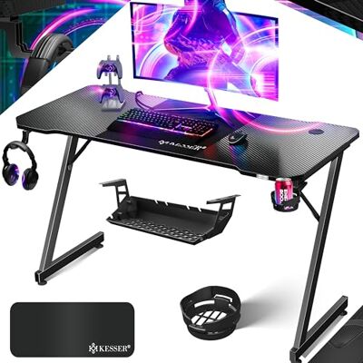 KESSER ® Gaming Tisch 140cm x 60cm Z-Form Gamer Schreibtisch Kopfhörerhaken & Kohlebeschichtung Ergonomischer PC Computertisch Stabiler Tisch mit Getränkehalter Schwarz KESSER ® Gaming Tisch 140cm x 60cm Z-Form Gamer Schreibtisch Kopfhörerhaken & Kohlebeschichtung Ergonomischer PC Computertisch Stabiler Tisch mit Getränkehalter Schwarz