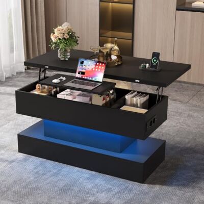 Merax Couchtisch mit Höhenverstellbare Platte, Modern Wohnzimmertisch mit LED Beleuchtung & Steckdose, Multifunktions-Sofatisch Kaffeetisch mit verstecktem Stauraum, Umwandelbar in Esstisch, Schwarz Merax Couchtisch mit Höhenverstellbare Platte, Modern Wohnzimmertisch mit LED Beleuchtung & Steckdose, Multifunktions-Sofatisch Kaffeetisch mit verstecktem Stauraum, Umwandelbar in Esstisch, Schwarz