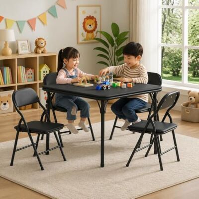 Thaookte Faltbares Kinder Tisch- und Stuhlset, quadratisch – 1 Tisch + 4 Klappstühle, PU-Leder Oberfläche, gepolsterte Sitzkissen, leicht für Essen/Basteln/Lernen – Schwarz, 1+4 Thaookte Faltbares Kinder Tisch- und Stuhlset, quadratisch – 1 Tisch + 4 Klappstühle, PU-Leder Oberfläche, gepolsterte Sitzkissen, leicht für Essen/Basteln/Lernen – Schwarz, 1+4