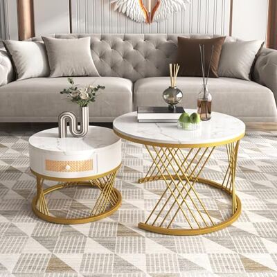 Merax 2 in 1 Runder Couchtisch Beistelltisch mit Tischplatte aus Marmor und Schubladen aus Kunststoff-Rattan couchtisch rund 2er Set Merax 2 in 1 Runder Couchtisch Beistelltisch mit Tischplatte aus Marmor und Schubladen aus Kunststoff-Rattan couchtisch rund 2er Set