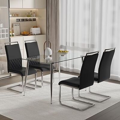 Merax Freischwinger Schwingstuhl 4er Set, Esszimmerstühle mit hoher Rückenlehne aus PU Kunstleder und Leinen, Metallgestell, Moderner Küchenstuhl, Polsterstuhl für Wohnzimmer Konferenzraum, Schwarz Merax Freischwinger Schwingstuhl 4er Set, Esszimmerstühle mit hoher Rückenlehne aus PU Kunstleder und Leinen, Metallgestell, Moderner Küchenstuhl, Polsterstuhl für Wohnzimmer Konferenzraum, Schwarz