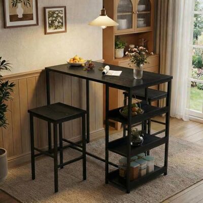 Litake 3-teiliges Bar Tisch Set für 2, Bar Höhe Tisch mit Hockern & 2 Aufbewahrungsregale, Kleiner Esstisch Set mit Glashalter, Kleiner Küchentisch für Esszimmer, Wohnzimmer, Schwarz Litake 3-teiliges Bar Tisch Set für 2, Bar Höhe Tisch mit Hockern & 2 Aufbewahrungsregale, Kleiner Esstisch Set mit Glashalter, Kleiner Küchentisch für Esszimmer, Wohnzimmer, Schwarz