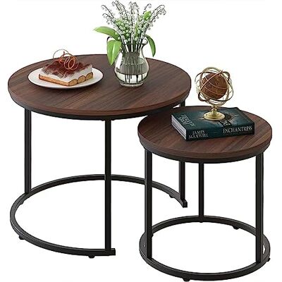 BAKAJI Set mit 2 Couchtischen mit Steckverschluss, runde Form mit Gestell aus schwarzem Metall und Tischplatte aus Walnussholz, platzsparende Kaffeetische Industriedesign, Wohnzimmer-Dekoration, BAKAJI Set mit 2 Couchtischen mit Steckverschluss, runde Form mit Gestell aus schwarzem Metall und Tischplatte aus Walnussholz, platzsparende Kaffeetische Industriedesign, Wohnzimmer-Dekoration,