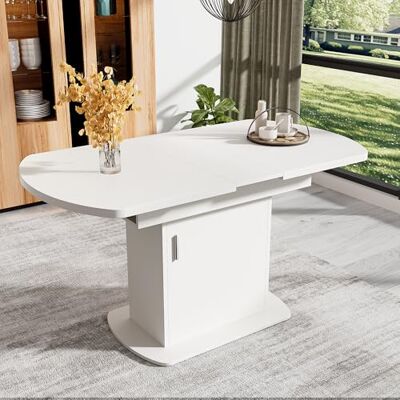 Merax Ausziehbarer Ovaler Esstisch Moderner Minimalistischer Multifunktionaler Tisch Mit Stauraum für Küche und Esszimmer Weiß Mit Silber Griff, L:110/130W Merax Ausziehbarer Ovaler Esstisch Moderner Minimalistischer Multifunktionaler Tisch Mit Stauraum für Küche und Esszimmer Weiß Mit Silber Griff, L:110/130W